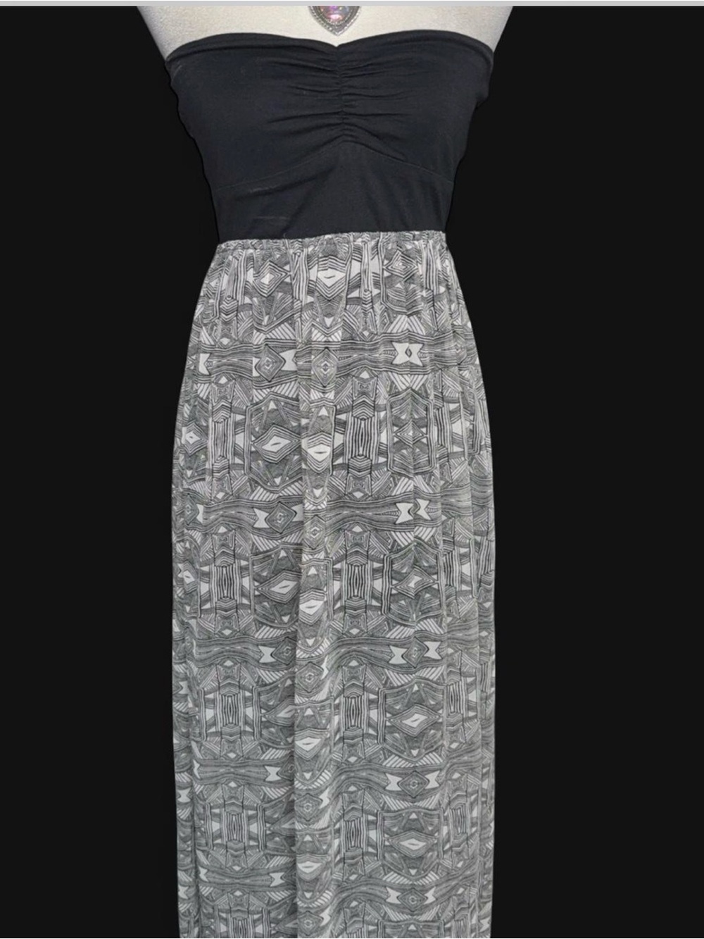 Roxy Strapless Black Bodice Gray Geometric Maxi Dress